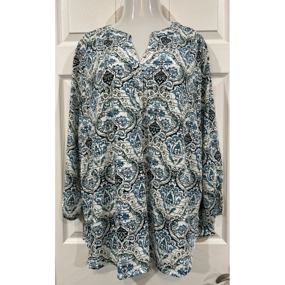 Emily Daniels Plus Size 3X Floral Tunic Stretch Lightweight Blouse Blue Green